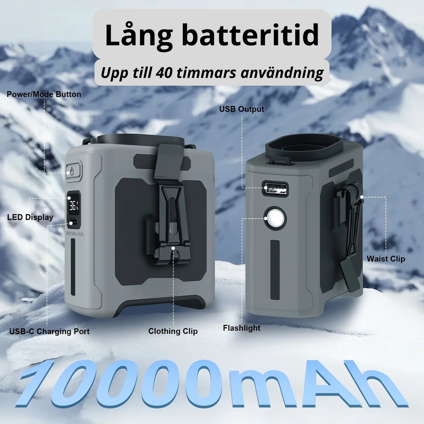 3-i-1 Midjefläkt med Powerbank